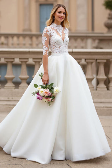 A Line Court Train Organza Ivory Wedding Dress with Lace Appliques